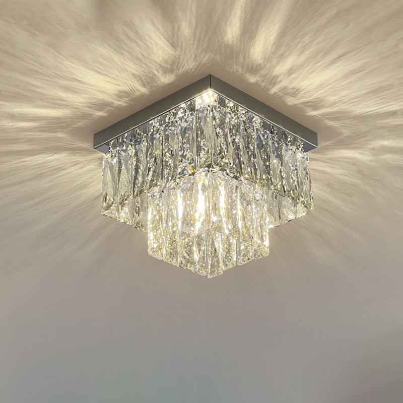 Modern Luxury Round Square Stainless Steel Crystal 2/4 Light Flush Mount Ceiling Light for Bedroom
