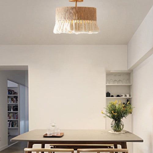 Contemporary Boho Tassel Cylinder Round Hemp Rope Cotton Embryo Yarn 1- Light Semi-flush Mount Ceiling Light for Bedroom