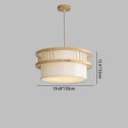 Traditional Japanese Round Cylinder Rubberwood Fabric 1-Light Pendant Light For Dining Room