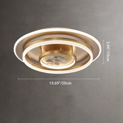 Traditional Chinese Round Dome Ginkgo Copper Iron Enamel LED Flush Mount Ceiling Light For Bedroom