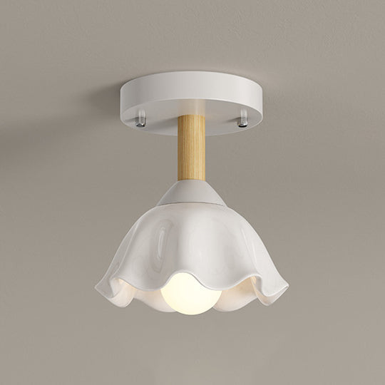 Contemporary Scandinavian Cream Flower Round Oval Iron Glass 1-light Semi-flush Mount Ceiling Light for Bedroom