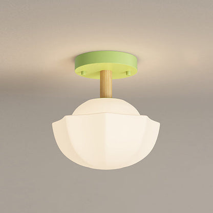 Contemporary Scandinavian Cream Flower Round Oval Iron Glass 1-light Semi-flush Mount Ceiling Light for Bedroom