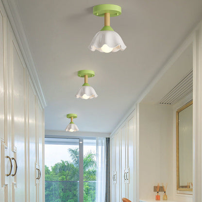 Contemporary Scandinavian Cream Flower Round Oval Iron Glass 1-light Semi-flush Mount Ceiling Light for Bedroom