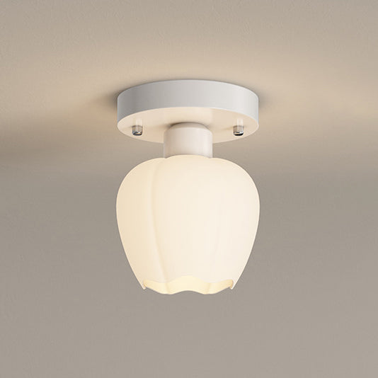 Contemporary Scandinavian Cream Flower Round Oval Iron Glass 1-light Semi-flush Mount Ceiling Light for Bedroom