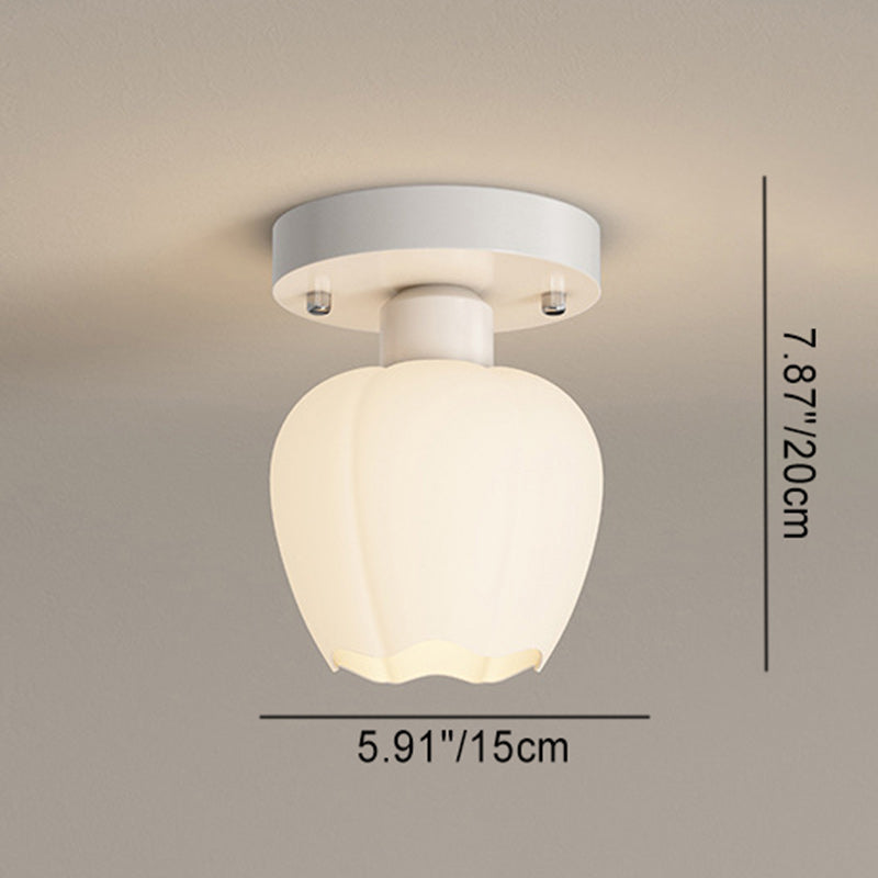 Contemporary Scandinavian Cream Flower Round Oval Iron Glass 1-light Semi-flush Mount Ceiling Light for Bedroom
