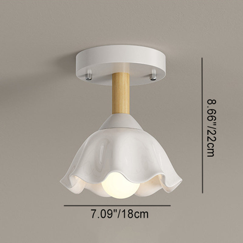 Contemporary Scandinavian Cream Flower Round Oval Iron Glass 1-light Semi-flush Mount Ceiling Light for Bedroom