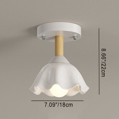 Contemporary Scandinavian Cream Flower Round Oval Iron Glass 1-light Semi-flush Mount Ceiling Light for Bedroom