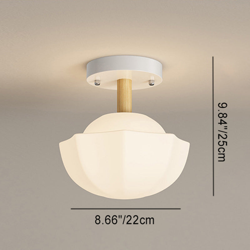 Contemporary Scandinavian Cream Flower Round Oval Iron Glass 1-light Semi-flush Mount Ceiling Light for Bedroom