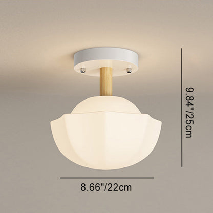 Contemporary Scandinavian Cream Flower Round Oval Iron Glass 1-light Semi-flush Mount Ceiling Light for Bedroom