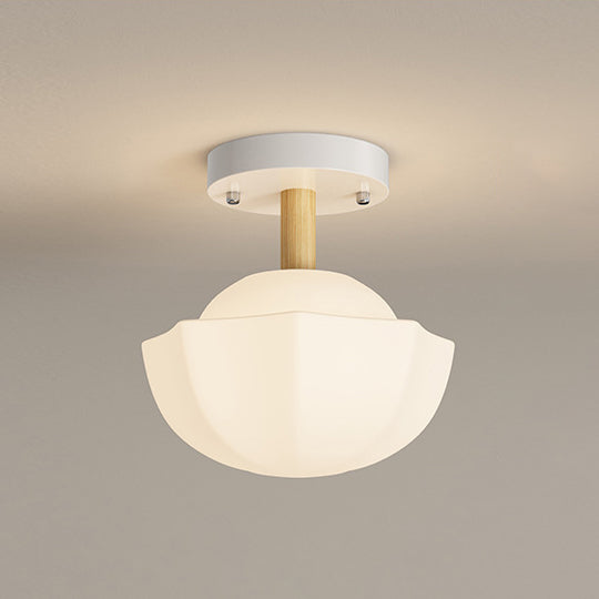 Contemporary Scandinavian Cream Flower Round Oval Iron Glass 1-light Semi-flush Mount Ceiling Light for Bedroom