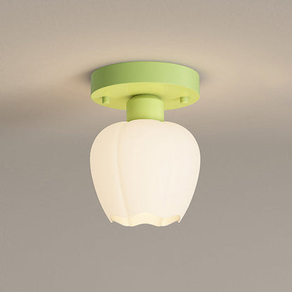 Contemporary Scandinavian Cream Flower Round Oval Iron Glass 1-light Semi-flush Mount Ceiling Light for Bedroom