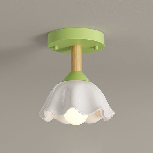 Contemporary Scandinavian Cream Flower Round Oval Iron Glass 1-light Semi-flush Mount Ceiling Light for Bedroom
