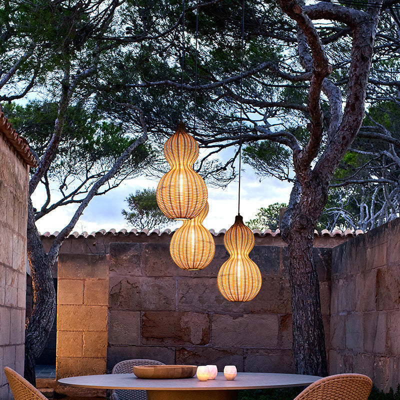 Contemporary Creative Waterproof Gourd Peanut Shape Rattan Stainless Steel 1-light Pendant Light for Outdoor BulbSquare