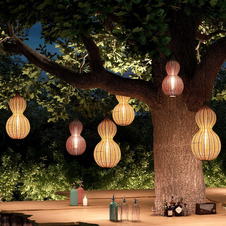 Contemporary Creative Waterproof Gourd Peanut Shape Rattan Stainless Steel 1-light Pendant Light for Outdoor BulbSquare