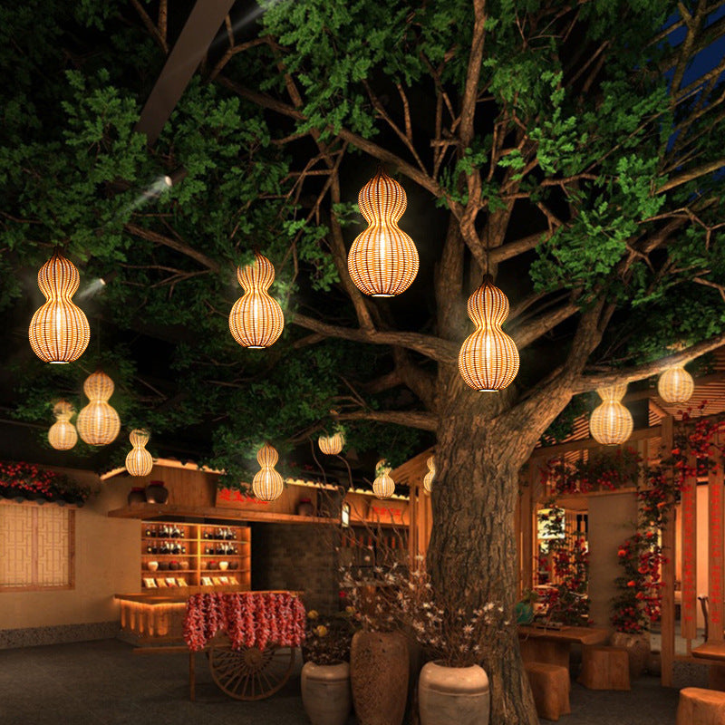 Contemporary Creative Waterproof Gourd Peanut Shape Rattan Stainless Steel 1-light Pendant Light for Outdoor BulbSquare