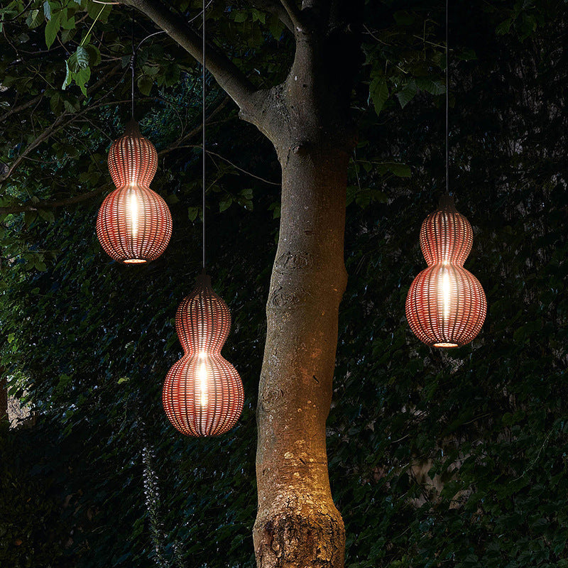 Contemporary Creative Waterproof Gourd Peanut Shape Rattan Stainless Steel 1-light Pendant Light for Outdoor BulbSquare