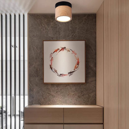 Modern Minimalist Round Cylinder Iron Rubberwood Acrylic LED Flush Mount Ceiling Light For Hallway