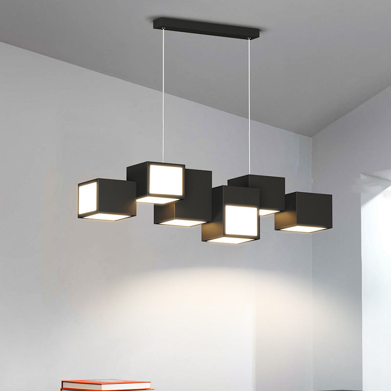 Contemporary Scandinavian Rubik's Cube Staggered Square Iron Acrylic LED Island Light Chandelier for Dining Room