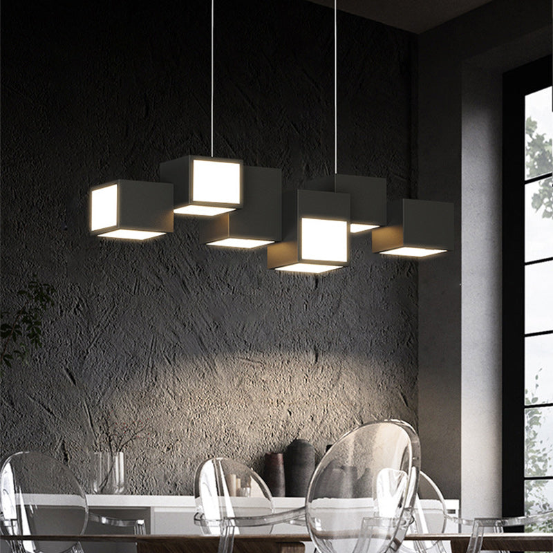 Contemporary Scandinavian Rubik's Cube Staggered Square Iron Acrylic LED Island Light Chandelier for Dining Room