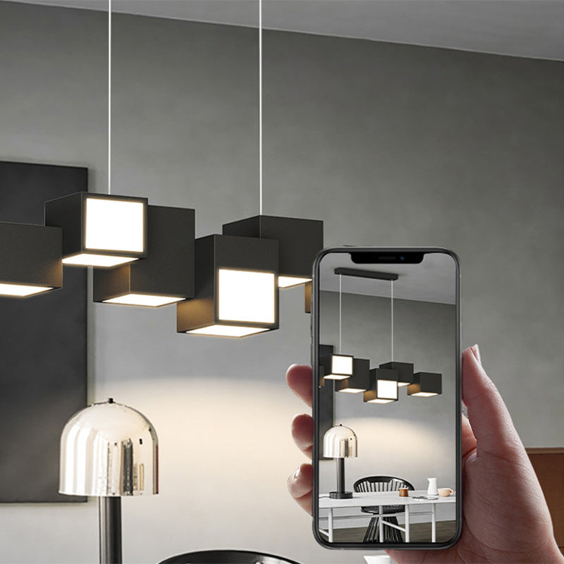 Contemporary Scandinavian Rubik's Cube Staggered Square Iron Acrylic LED Island Light Chandelier for Dining Room