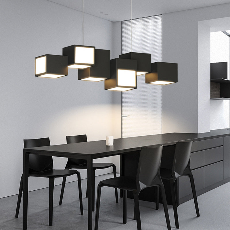 Contemporary Scandinavian Rubik's Cube Staggered Square Iron Acrylic LED Island Light Chandelier for Dining Room