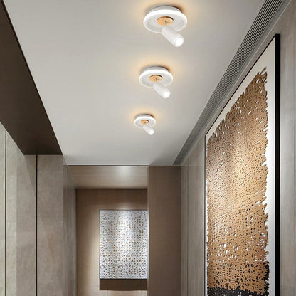Contemporary Scandinavian Round Cylinder Iron Wood Acrylic LED Spotlight Semi-Flush Mount Ceiling Light For Bedroom