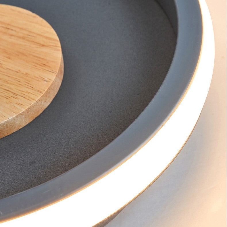 Contemporary Scandinavian Round Cylinder Iron Wood Acrylic LED Spotlight Semi-Flush Mount Ceiling Light For Bedroom