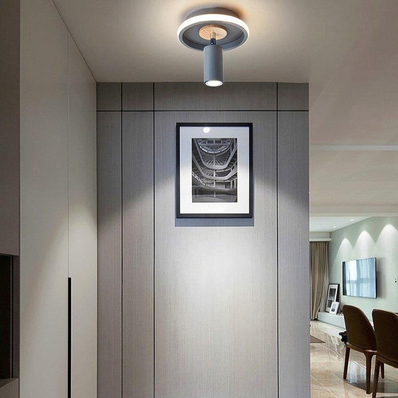 Contemporary Scandinavian Round Cylinder Iron Wood Acrylic LED Spotlight Semi-Flush Mount Ceiling Light For Bedroom