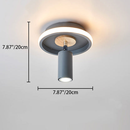 Contemporary Scandinavian Round Cylinder Iron Wood Acrylic LED Spotlight Semi-Flush Mount Ceiling Light For Bedroom