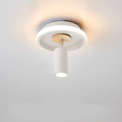 Contemporary Scandinavian Round Cylinder Iron Wood Acrylic LED Spotlight Semi-Flush Mount Ceiling Light For Bedroom