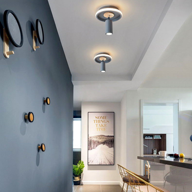 Contemporary Scandinavian Round Cylinder Iron Wood Acrylic LED Spotlight Semi-Flush Mount Ceiling Light For Bedroom