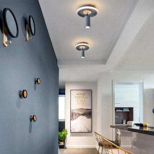 Contemporary Scandinavian Round Cylinder Iron Wood Acrylic LED Spotlight Semi-Flush Mount Ceiling Light For Bedroom