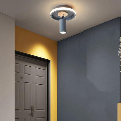 Contemporary Scandinavian Round Cylinder Iron Wood Acrylic LED Spotlight Semi-Flush Mount Ceiling Light For Bedroom