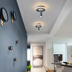 Contemporary Scandinavian Round Cylinder Iron Wood Acrylic LED Spotlight Semi-Flush Mount Ceiling Light For Bedroom