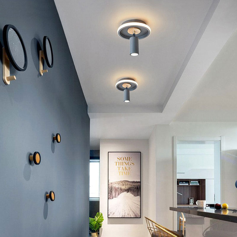 Contemporary Scandinavian Round Cylinder Iron Wood Acrylic LED Spotlight Semi-Flush Mount Ceiling Light For Bedroom