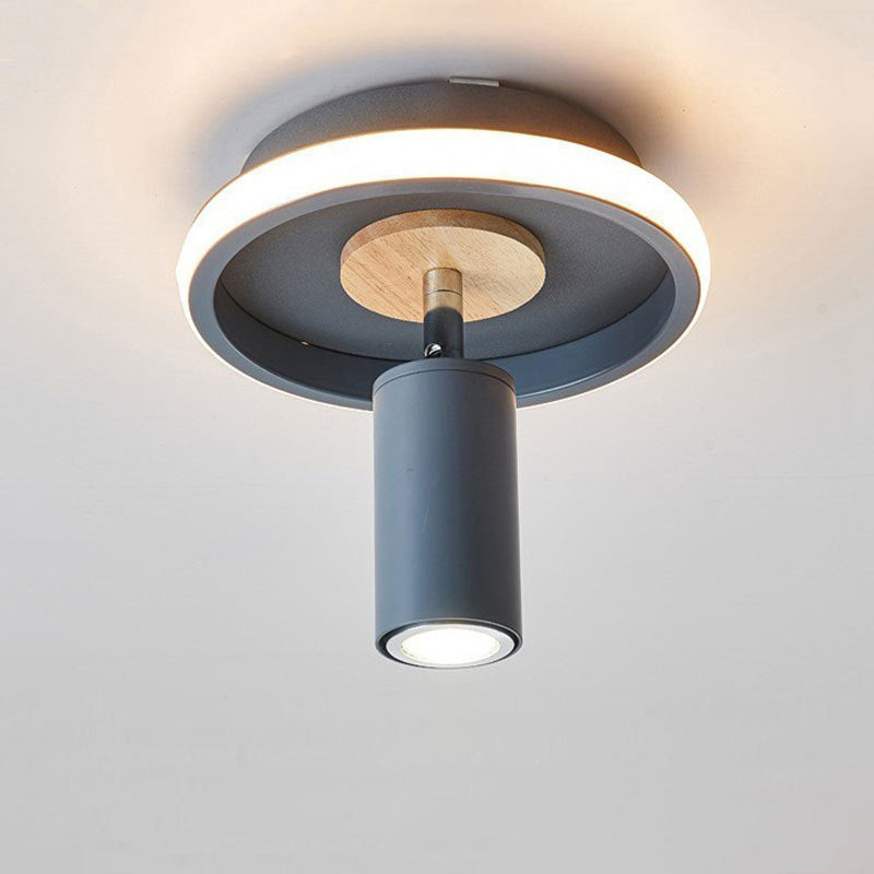 Contemporary Scandinavian Round Cylinder Iron Wood Acrylic LED Spotlight Semi-Flush Mount Ceiling Light For Bedroom