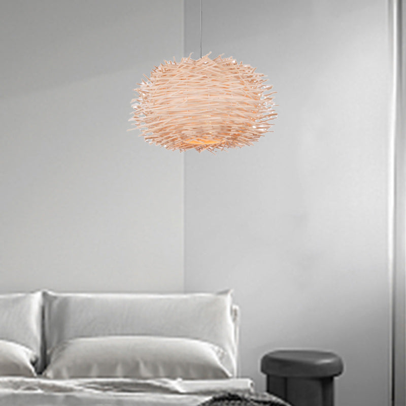 Contemporary Creative Bird's Nest Shape Round Rattan 1-Light Pendant Light For Dining Room