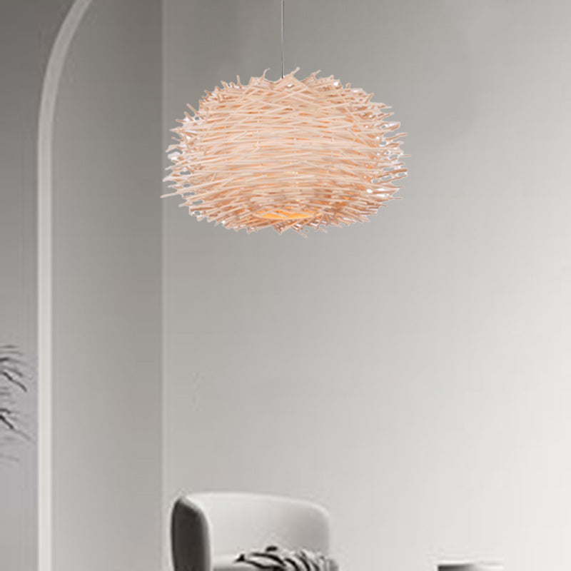 Contemporary Creative Bird's Nest Shape Round Rattan 1-Light Pendant Light For Dining Room