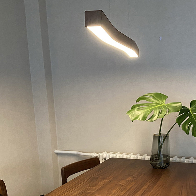 Modern Minimalist Rectangular Linear Wood Grain Iron LED Chandelier for Dining Room