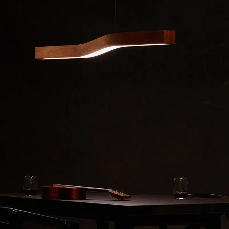 Modern Minimalist Rectangular Linear Wood Grain Iron LED Chandelier for Dining Room Lumendat