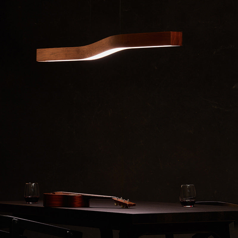 Modern Minimalist Rectangular Linear Wood Grain Iron LED Chandelier for Dining Room