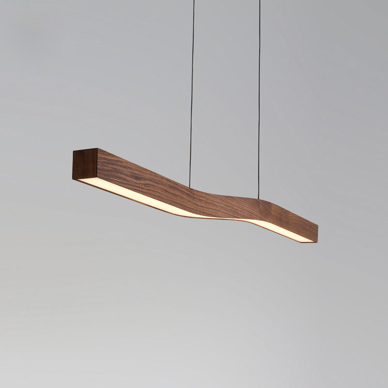 Modern Minimalist Rectangular Linear Wood Grain Iron LED Chandelier for Dining Room
