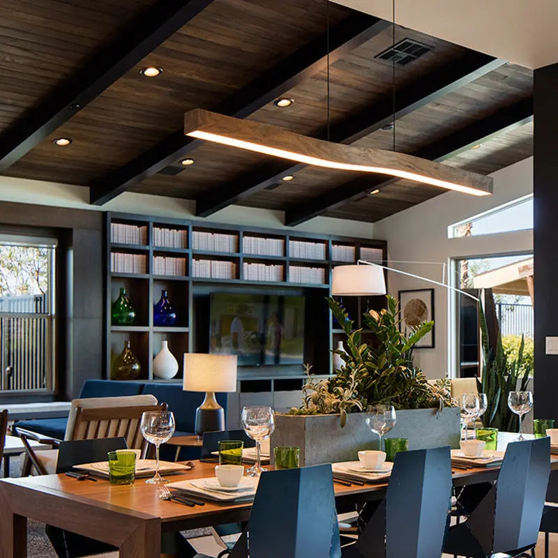 Modern Minimalist Rectangular Linear Wood Grain Iron LED Chandelier for Dining Room Lumendat