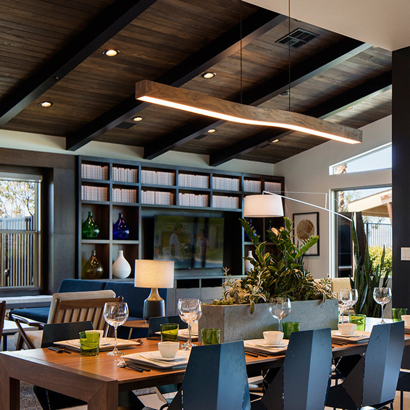 Modern Minimalist Rectangular Linear Wood Grain Iron LED Chandelier for Dining Room