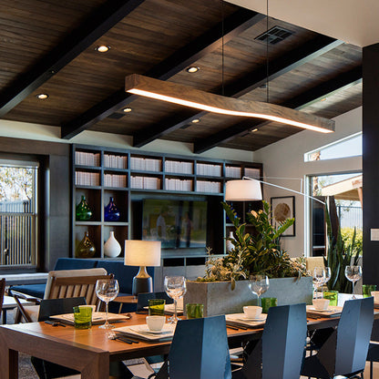 Modern Minimalist Rectangular Linear Wood Grain Iron LED Chandelier for Dining Room