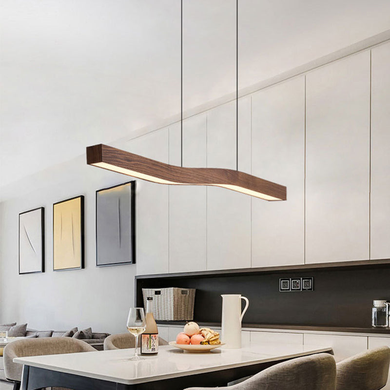 Modern Minimalist Rectangular Linear Wood Grain Iron LED Chandelier for Dining Room