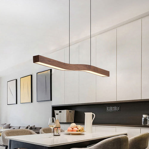 Modern Minimalist Rectangular Linear Wood Grain Iron LED Chandelier for Dining Room