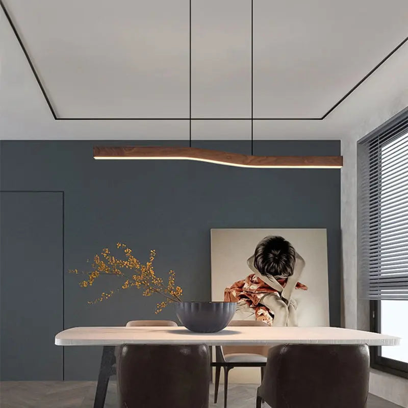 Modern Minimalist Rectangular Linear Wood Grain Iron LED Chandelier for Dining Room Lumendat