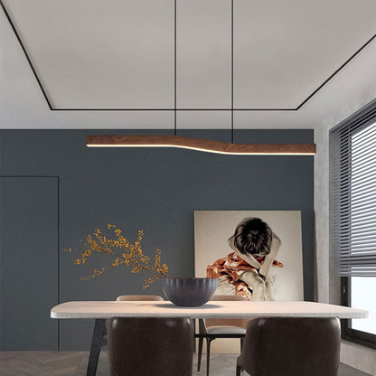 Modern Minimalist Rectangular Linear Wood Grain Iron LED Chandelier for Dining Room