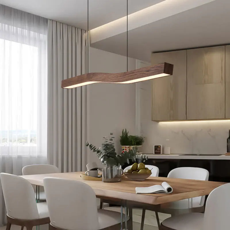 Modern Minimalist Rectangular Linear Wood Grain Iron LED Chandelier for Dining Room Lumendat